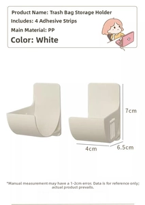 Detailed view of white PP storage hook with adhesive backing for garbage bags