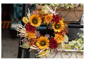 Close-up of 45cm artificial sunflower and dahlia wreath with autumn maple leaves decoration