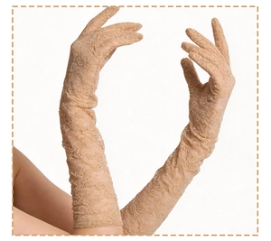 Detailed view of long nude lace gloves with intricate floral patterns and elegant mesh