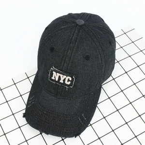 Vintage washed dark grey denim baseball cap with 3D NYC embroidery and distressed details