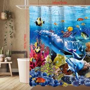 Detail view of 3D ocean world shower curtain with dolphins and fish, size 180x180cm