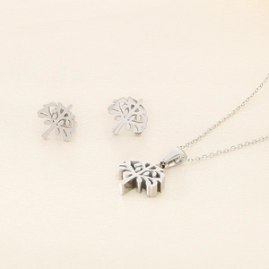 Detailed view of silver tree of life jewelry set featuring a necklace and stud earrings