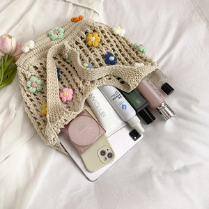 Knitted mesh tote bag with 3D colorful crochet flowers and large capacity for summer beach