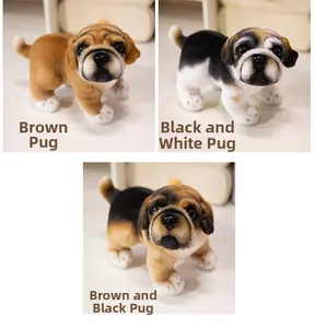 Three color variants of realistic pug plush toys: brown, black-white, and brown-black