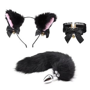 Cosplay set featuring plush black cat ears headband with ribbon and faux fur bell tail