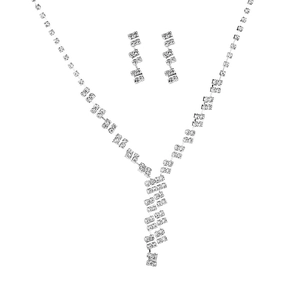 Elegant silver jewelry set with square rhinestones including Y-necklace and drop earrings