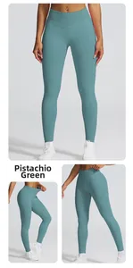 Vue détaillée du legging de yoga taille haute vert pistache avec texture élastique