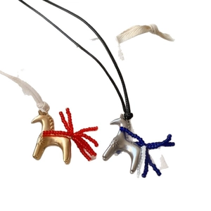 Unique horse pendant necklaces with colorful beads on wax cords in gold and silver