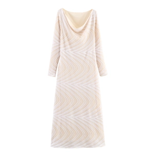 Cowl Neck Sequin Maxi Dress Long Sleeve Wave Sequin Pattern Slim Fit Elegant Evening Gown For Women