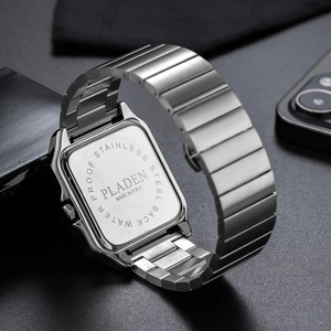 Macro detail of the waterproof stainless steel case back of a square business watch