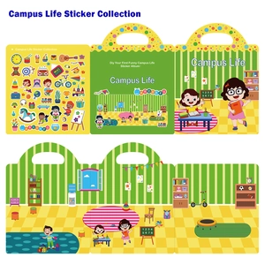 Detail showing foldable DIY campus life sticker book with educational alphabet and numbers