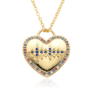 Gold heart mom necklace with colorful zircon inlay and heartbeat pulse design