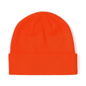 Detailed close-up of orange ribbed knit beanie showing fine texture and folded cuff style