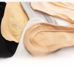 Detail showing ultra-thin ice silk invisible socks in black, nude, grey, and pink tones