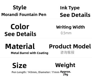 Detailed specifications of the Morandi metal fountain pen with 0.5mm nib dimensions