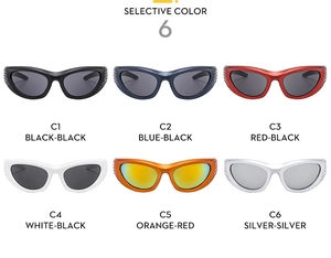 Grid view of Y2K sporty sunglasses in six colors including silver, blue and orange