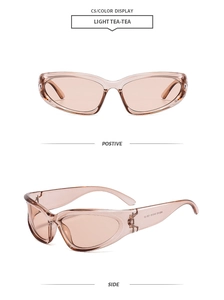 Detail view of model MB2103 light tea sports sunglasses with CE mark and temple specs