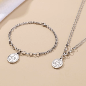 Stainless Steel Layered Jewelry Set For Women Virgin Mary Oval Coin Pendant Necklace And Bracelet Vintage Religious