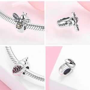 Detail of S925 sterling silver bee and mushroom charms with colorful zircon for bracelets