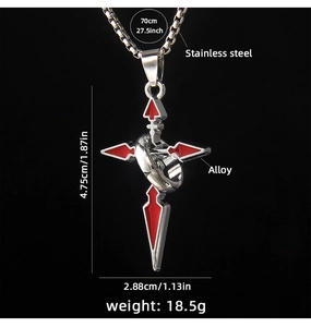 Detailed view of silver cross necklace with red enamel, stainless steel chain dimensions