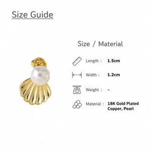 Detail of shell-shaped pearl stud earrings in 18k gold plating with 1.5cm by 1.2cm size