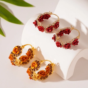 Vintage Rose Flower Hoop Earrings Copper With Rhinestones 3D Floral Retro Elegant Jewelry Accessories For Women