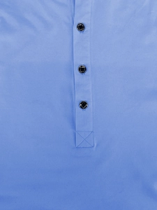 Detail of blue hoodie placket featuring three stylish buttons with fine fabric texture