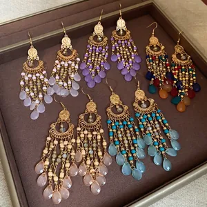 Bohemian Beaded Tassel Drop Earrings Gold Alloy Acrylic Water Drop Ethnic Retro Jewelry With Silver Earring Post
