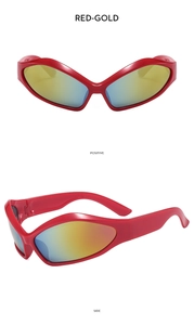 Detailed front and side views of red bat-wing sunglasses with golden mirrored lenses
