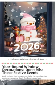 Detail view of 3D pink cartoon snowman and snowflakes window static sticker decorations