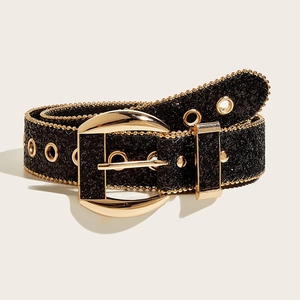Chic black glitter belt with large gold buckle and metal eyelets for women jeans