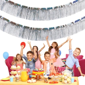 Silver holographic fringe curtain backdrop for birthday party decorations with happy kids