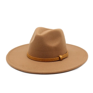 Classic camel wide brim wool fedora hat with textured animal print leather band and buckle