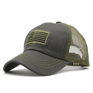 Detail of army green tactical cap showing breathable mesh and US flag embroidery