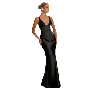 Elegant black satin maxi dress with deep V-neck and corset waist for women