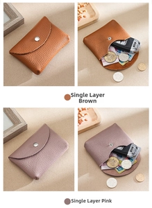 Detailed view of leather coin purses in brown and pink with button closure for keys and cards