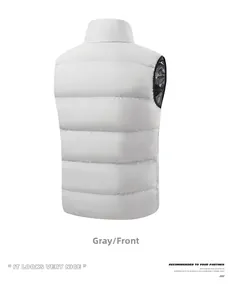 Detail of light gray puffer vest featuring horizontal quilting and breathable black mesh lining