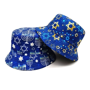 Hanukkah Reversible Bucket Hat Star Of David Menorah Print Polyester Sun Protection Beach Sun Hat For Women Men