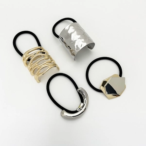 Alloy Hair Ties Minimalist Metal Ponytail Holder Elastic Hair Rope Chic Hammered Texture Geometric Style For Women