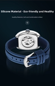 Close-up of MEGIR automatic mechanical watch back with transparent window and blue strap