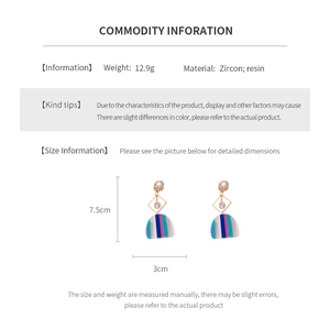 Detailed chart showing tassel earrings dimensions 7.5cm by 3cm with zircon and resin info
