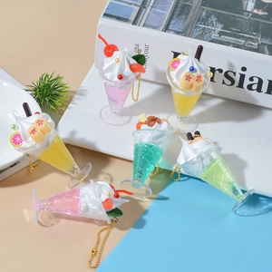 Colorful realistic artificial fruit ice cream sundae cup keychains for bag decoration