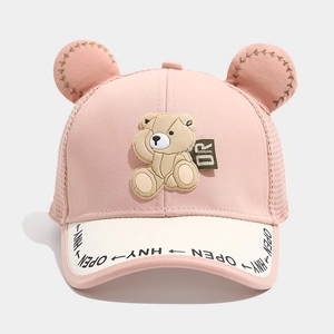 Close-up of pink breathable mesh kids cap with 3D bear patch and cute ears detail
