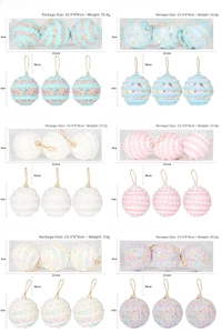 Detail view showing 8cm macaron foam Christmas balls with glitter and bead patterns