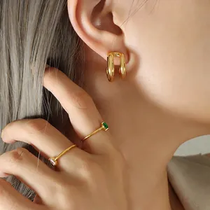 Chic 18K gold plated U-shaped double hoop earrings and minimalist gemstone rings set