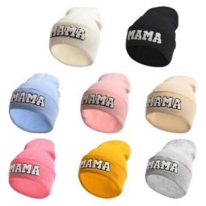 Winter knitted hats for women in 8 colors featuring MAMA letter embroidery patterns