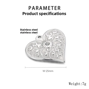 Detailed macro view of 25mm stainless steel heart pendant with ornate floral engraving