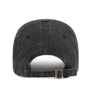 Vintage washed black baseball cap with mountain embroidery and adjustable metal buckle