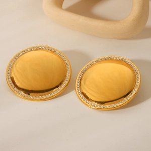 Round Stud Earrings 18K Gold Plated Stainless Steel With Rhinestone Pave Edge Fashion Simple Geometric Jewelry For Women