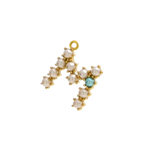 Macro detail of gold letter M pendant featuring white and blue pearls for necklaces